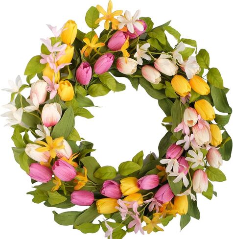 Bibelot 18 بوصة إكليل عيد الفصح إكليل زهرة التوليب الاصطناعي من الحرير وهمية زهرة الربيع إكليل باب عيد الحب إكليل عيد الأم طوال العام أو في الهواء الطلق ديكور داخلي للمنزل والحفلات... in Kuwait