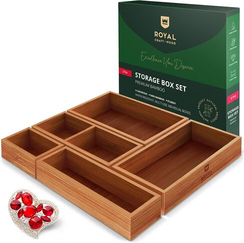 صندوق تخزين منظم للأدراج الفاخرة من ROYAL CRAFT WOOD، مجموعة صناديق - صناديق مجوهرات من الخيزران وصناديق تنظيم - تخزين متعدد الاستخدامات للمطبخ والحمام ومكتب المكتب والمكياج والمجوهرات (5 صناديق) in Saudi Arabia