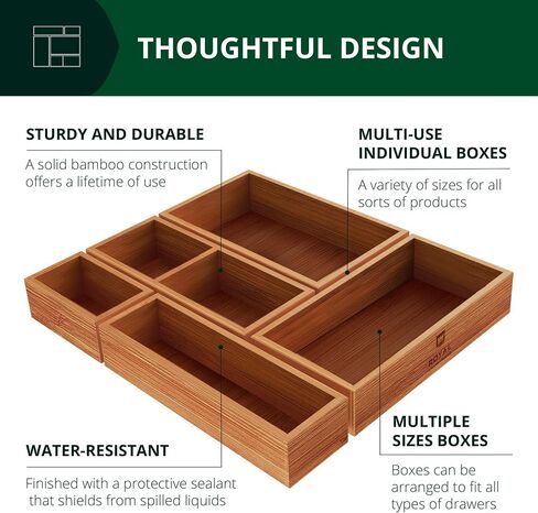 صندوق تخزين منظم للأدراج الفاخرة من ROYAL CRAFT WOOD، مجموعة صناديق - صناديق مجوهرات من الخيزران وصناديق تنظيم - تخزين متعدد الاستخدامات للمطبخ والحمام ومكتب المكتب والمكياج والمجوهرات (5 صناديق) in Saudi Arabia