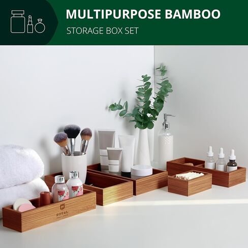 صندوق تخزين منظم للأدراج الفاخرة من ROYAL CRAFT WOOD، مجموعة صناديق - صناديق مجوهرات من الخيزران وصناديق تنظيم - تخزين متعدد الاستخدامات للمطبخ والحمام ومكتب المكتب والمكياج والمجوهرات (5 صناديق) in Saudi Arabia