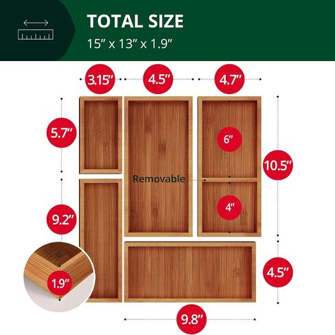 صندوق تخزين منظم للأدراج الفاخرة من ROYAL CRAFT WOOD، مجموعة صناديق - صناديق مجوهرات من الخيزران وصناديق تنظيم - تخزين متعدد الاستخدامات للمطبخ والحمام ومكتب المكتب والمكياج والمجوهرات (5 صناديق) in Saudi Arabia