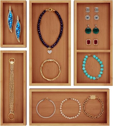 صندوق تخزين منظم للأدراج الفاخرة من ROYAL CRAFT WOOD، مجموعة صناديق - صناديق مجوهرات من الخيزران وصناديق تنظيم - تخزين متعدد الاستخدامات للمطبخ والحمام ومكتب المكتب والمكياج والمجوهرات (5 صناديق) in Saudi Arabia