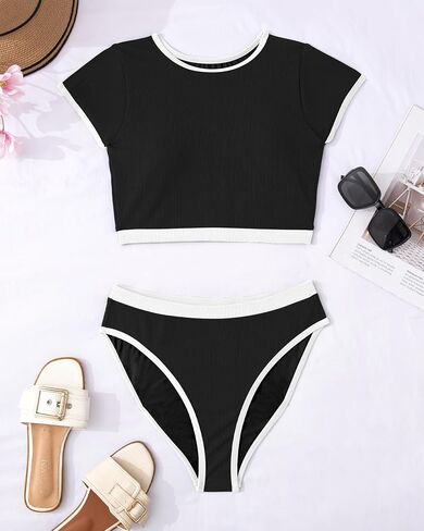 Womens High Neck Swimsuit Ribbed Cheeky Bikini Sets High Cut 2 Piece Bathing Suit Crop Top Color Block Teens in Saudi Arabia