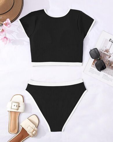 Womens High Neck Swimsuit Ribbed Cheeky Bikini Sets High Cut 2 Piece Bathing Suit Crop Top Color Block Teens in Saudi Arabia