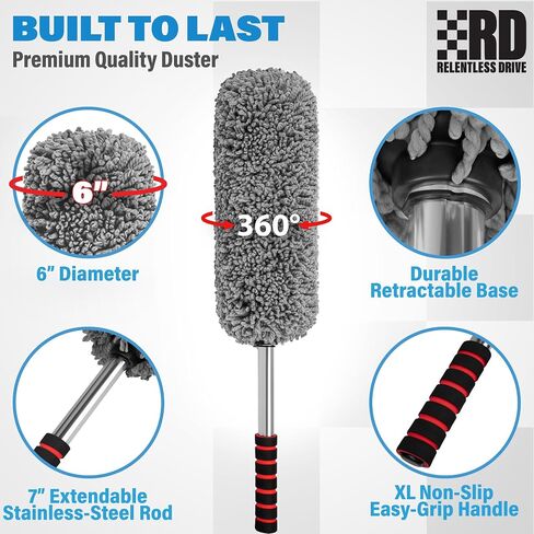 Relentless Drive Car Duster Exterior Scratch Free - Premium Microfiber Duster for Car - Long Secure Extendable Handle, Removes Pollen, Dust & Lint - Large Duster for Car, Truck, SUV, RV & Motorcycle in Saudi Arabia