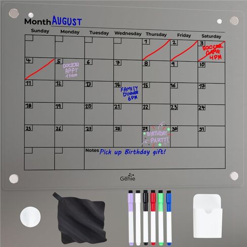 Home Genie Clear Acrylic Magnetic Dry Erase Calendar for Fridge, 16"x12" Weekly Board, Secure Hold Magnet Organizer Refrigerator with 6 Color Markers, Transparent Planner, Home Essentials, Black Text in Saudi Arabia