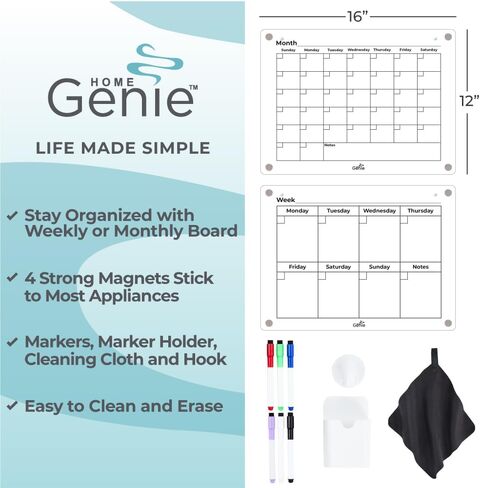 Home Genie Clear Acrylic Magnetic Dry Erase Calendar for Fridge, 16"x12" Weekly Board, Secure Hold Magnet Organizer Refrigerator with 6 Color Markers, Transparent Planner, Home Essentials, Black Text in Saudi Arabia