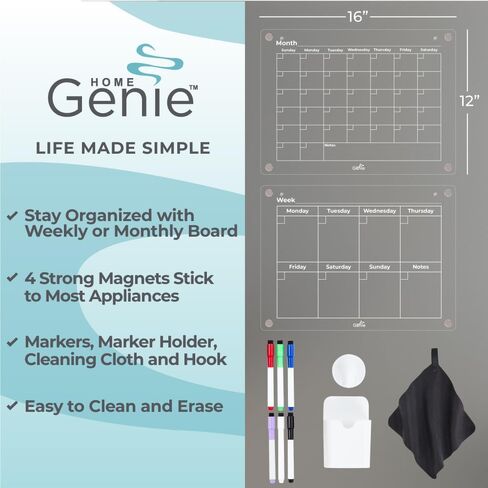 تقويم مسح جاف مغناطيسي من الأكريليك الشفاف من Home Genie للثلاجة، لوحة أسبوعية مقاس 16 بوصة × 12 بوصة، ثلاجة منظم مغناطيسي آمن مع 6 أقلام تلوين، مخطط شفاف، أساسيات المنزل، نص أسود in Kuwait