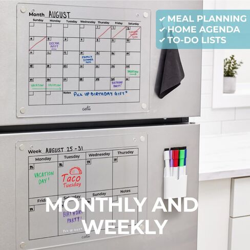 Home Genie Clear Acrylic Magnetic Dry Erase Calendar for Fridge, 16"x12" Weekly Board, Secure Hold Magnet Organizer Refrigerator with 6 Color Markers, Transparent Planner, Home Essentials, Black Text in Saudi Arabia