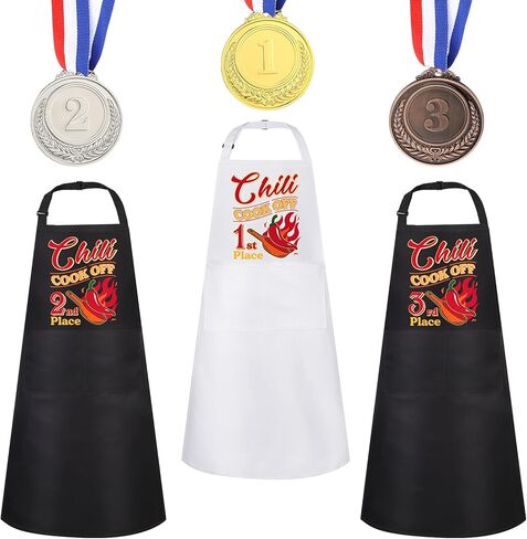 6 Pcs Chili Cook-off Prizes, Chili Cook-Off Aprons 1st 2nd 3rd Prizes Set of 3 Medals Funny Chili Cooking Aprons Adjustable Chili Cook-off Decorations Gifts for Winning Prize in Kuwait