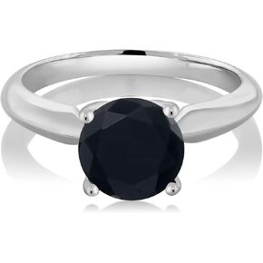 Gem Stone King 925 Sterling Silver Black Onyx Solitaire Engagement Ring For Women (1.65 Cttw, Round 8MM, Gemstone Birthstone, Available In Size 5, 6, 7, 8, 9)