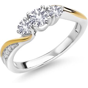 Gem Stone King 925 Silver and 10K Yellow Gold White Created Sapphire and White Lab Grown Diamond 3 Stone Engagement Ring For Women (0.54 Cttw, September Birthstone, Available In Size 5, 6, 7, 8, 9)