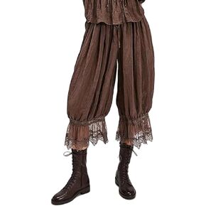 Women Y2k Lace Trim Pants Smocked Elastic Waist Long Bloomers Pant Ruffle Cropped Lounge Pajama Short Pants Slip