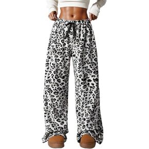 VCM Leopard Print Pants Y2k High Waisted Baggy Trousers Drawstring Fluffy Cheetah Fuzzy Pajama Sleepwear