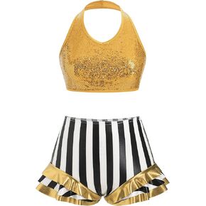 Women Sparkly Sequin Halter Crop Top Black and White Stripe Metallic Dance Short Adult Acrobat Trapeze Artist Outfits
