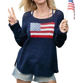Women American Flag Sweater 4th of July Long Sleeve Crewneck USA Sweatshirt Vintage Hollow Out Knit Pullover Tops