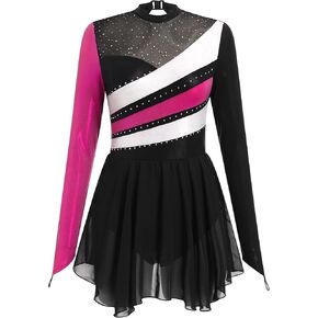 ODASDO Ice Skating Dress for Women Sparkly Rhinestone Colorful Block Chiffon Long Sleeve Leotard Dresses Competition Wear