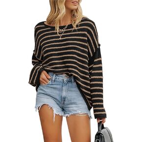 BTFBM Women's Striped Knit Sweaters 2025 Spring Fall Boat Neck Off Shoulder Long Sleeve Oversized Casual Pullover Tops