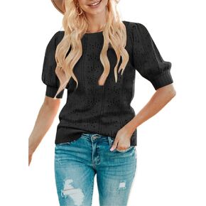 Merokeety Women's 2025 Spring Puff Short Sweate Sweater Tops Crew Neck Crochet Croknt Soft Pullover Shirt