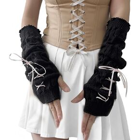 Arm Warmers - Y2k Harajuku Long Fingerless Gloves for Girls Kids, Cute Black Fingerless Harajuku Y2k Arm Sleeve, Lotila Knitted Gloves, Long Black Arms Warmers for Cool Girls(15.7Inch)