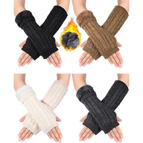 Shihanee 4 Pairs Winter Fleece Lined Arm Warmers for Women Knit Long Fingerless Gloves Warm Thumbhole Mittens for Women