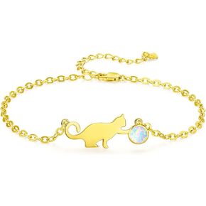 PRAYMOS Cat Bracelets for Women, 925 Sterling Silver Opal Kawaii Kitty Bracelet Hypoallergenic Cat Jewelry for Women Cat Themed Gifts