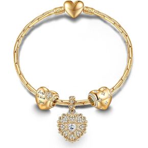 GONA Sterling Silver Love Charms Bracelet Set S925 Bamboo Chain Sparkling Handmade Heart Shape Lucky Jewelry 5A Cubic Zirconia With Enamel In 14K Gold Plated for Women Various Holiday Gifts