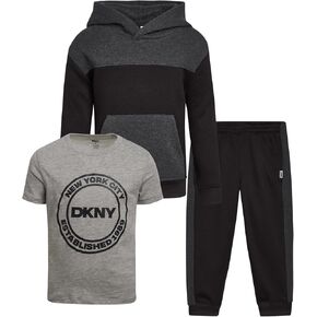 DKNY Toddler Boys' Jogger Set - 3 Piece Short Sleeve Graphic T-Shirt, Pullover Hoodie, and Jogger Sweat Pants (Sizes: 4-7)