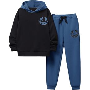 SweatyRocks Boy's Two Piece Outfits Color Block Graphic Hoodie and Drawstring Waist Sweatpants Tracksuit Set