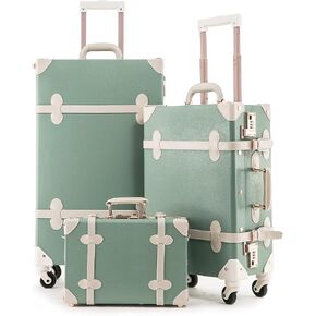 Unitravel 3 Piece Vintage Combination Suitcase Set, Hard Shell Retro Travel Trunk Luggage with Train Bag for Women (Matcha Green, 26"+20"+12")