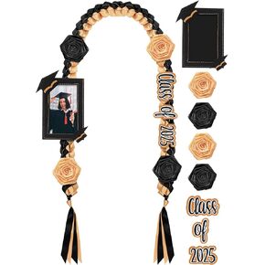 Zeyune Graduation Lei Necklace Class of 2025 Double Braided Necklace & Photo Frame Flower Ribbon Grad Money Lei for Him Her(Blue and White)