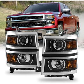 AKKON - Fit 2014-2015 Chevy Silverado 1500 14-15 Halogen Type Projector Headlights OE Style Headlamp Black Housing Driver Passenger Direct Replacement