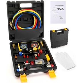 AC R1234YF R134A Gauge Set AC Gauge Set, Automotive 4 Way AC Manifold Gauge Set Compatible with R1234YF R134A and R404A Refrigerants HVAC Gauges with Hoses for Car Charging and Evacuation