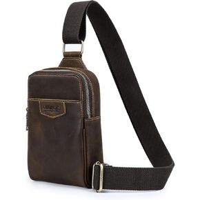 Full Grain Leather Sling Bag for Men Small Crossbody Chest Bag Casual Shoulder Daypack Travel Phone Purse Side Bag