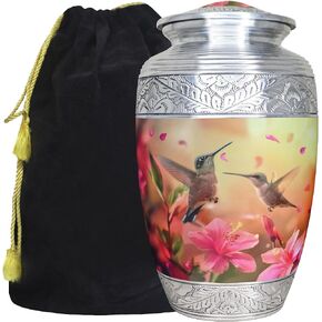 M MEILINXU Urn for Ashes for Women & Man, Cremation Urns for Human Ashes Adult Female & Male, Funeral Decorative, Engraving Urn, Purple Flower and Hummingbird - Large Full Size