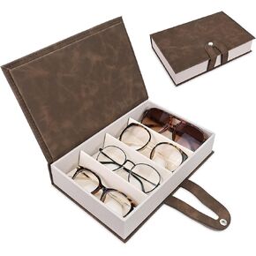 Ikee Design 4-slot Sunglasses Case, Eyewear Hard Shell Display, Book-Shaped Travel Glasses Organizer Storage, Eyeglass Organizer Case for Reading Glasses, Brown Color, 10.2W x 6.8D x 2.2H in