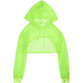 Women Fishnet Hoodie Crop Top Long Sleeve Mesh Sheer Rave Tops Festival Drawstring Drop Shoulder Shrugs