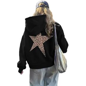 Womens Oversized Leopard Star Graphic Hoodies Long Sleeve Hoodie Pullover Hooded Sweatshirt Aesthetic Hoodie