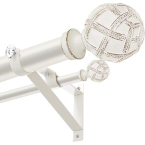 1 Inch Heavy Duty Adjustable Double Curtain Rod for Windows 28 to 48 Inches - Weathered White Boho Farmhouse Double Curtain Rod with Decorative Finials - for Living Room, Bedroom, Easy to install