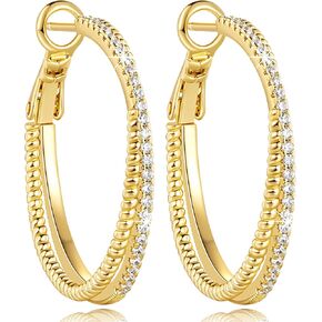 14K Gold Earrings for Women Gold Hoop Earrings for Women with Cubic Zirconia Layered Dual-Hoop Elegance Thin Hoop Earring 25/30/40mm