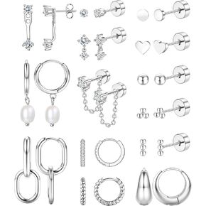 Jstyle 14K Gold Earrings Women Hypoallergenic Cartilage Earrings Set for Multiple Piercing Trendy Huggie Hoop Earring Lightweight Earring Stacks Small Cute Pearl CZ Studs Hoops Gold/Silver