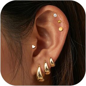 FIASASO Chunky Gold Hoops Earrings for Women Hypoallergenic - 7 Pairs Surgical Stainless Steel Flat Back Stud Hoop Gold Earring Stack Small Cartilage Earrings Sets for Multiple Piercing