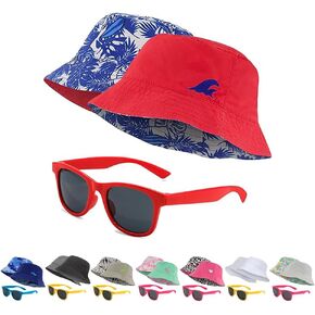 Kids Bucket Hat for Girls & Boys, Packable Fun & Cool Reversible Beach Sun Teen Toddler Bucket Hat with Sunglasses 3-14Y