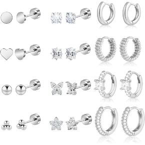 Wgoud 12 Pairs Hypoallergenic Surgical Steel Earrings for Sensitive Ears Waterproof Trendy Gold Small Stud Flat Back Stainless Steel Earrings for Women Men Hoop Cartilage Earring Set for Multiple Piercing