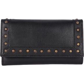 Vintage Italian Leather Boho Studded Trifold Wallet – Zipper Coin Purse & Credit Card Holder for Women (Brown)