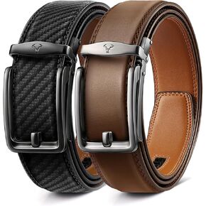 BULLIANT Men Ratchet Belt 2 Pack, Click Sliding Leather Belt Adjustable for Gift Men Dress Casual Jeans 1 3/8,Cut for Fit