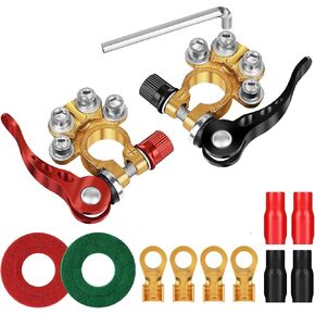 Battery terminal connectors 1 pair made of pure copper, 4 Way Quick Release Disconnect Battery Terminals, suitable for SAE/JIS A-pillars, cars, caravans, trucks, boats and solar equipment.