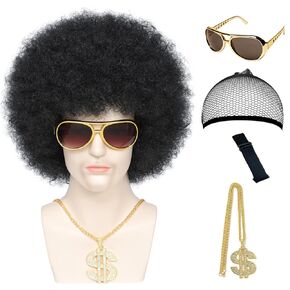 70s Afro Wig for Men Unisex Kinky Curly Big Disco Costume Wig 70s 80s Outfits Funny Wig for Cosplay Party (Black)