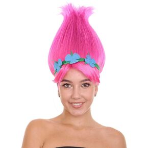 HPO Colorful Pointy Princess Troll Cosplay Costume Wig with Blue Flower Crown | Capless Cap Design to fit all head.