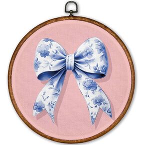 TLESKE الوردي Chinoiserie Coquette القوس جولة جدار الفن ديكور، خمر الأزرق والأبيض مؤطرة قماش يطبع جدار الفن الفني، الجدار شنقا ديكور ديكور الباب للفتيات في سن المراهقة غرفة النوم غرفة نوم 10x10in